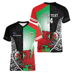 New Zealand and Wales Rugby Custom Women V-Neck T-Shirt Aotearoa All Black Combine Welsh Dragon - Aussie Hoodie