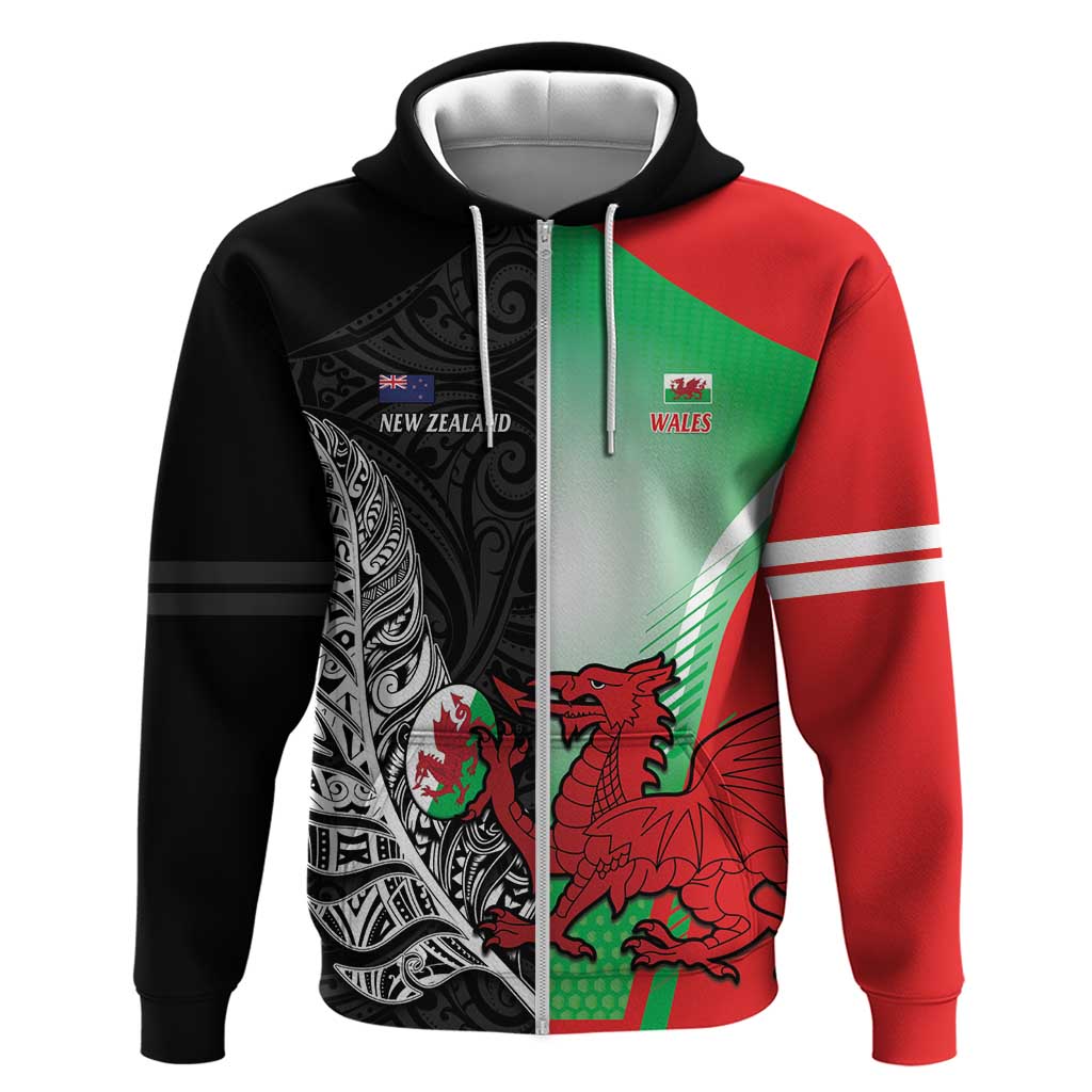 New Zealand and Wales Rugby Custom Zip Hoodie Aotearoa All Black Combine Welsh Dragon - Aussie Hoodie