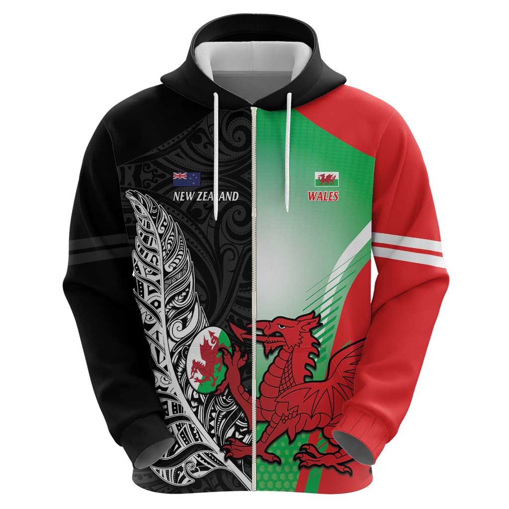 New Zealand and Wales Rugby Custom Zip Hoodie Aotearoa All Black Combine Welsh Dragon - Aussie Hoodie