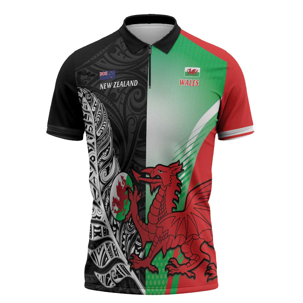 New Zealand and Wales Rugby Custom Zipper Polo Shirt Aotearoa All Black Combine Welsh Dragon - Aussie Hoodie