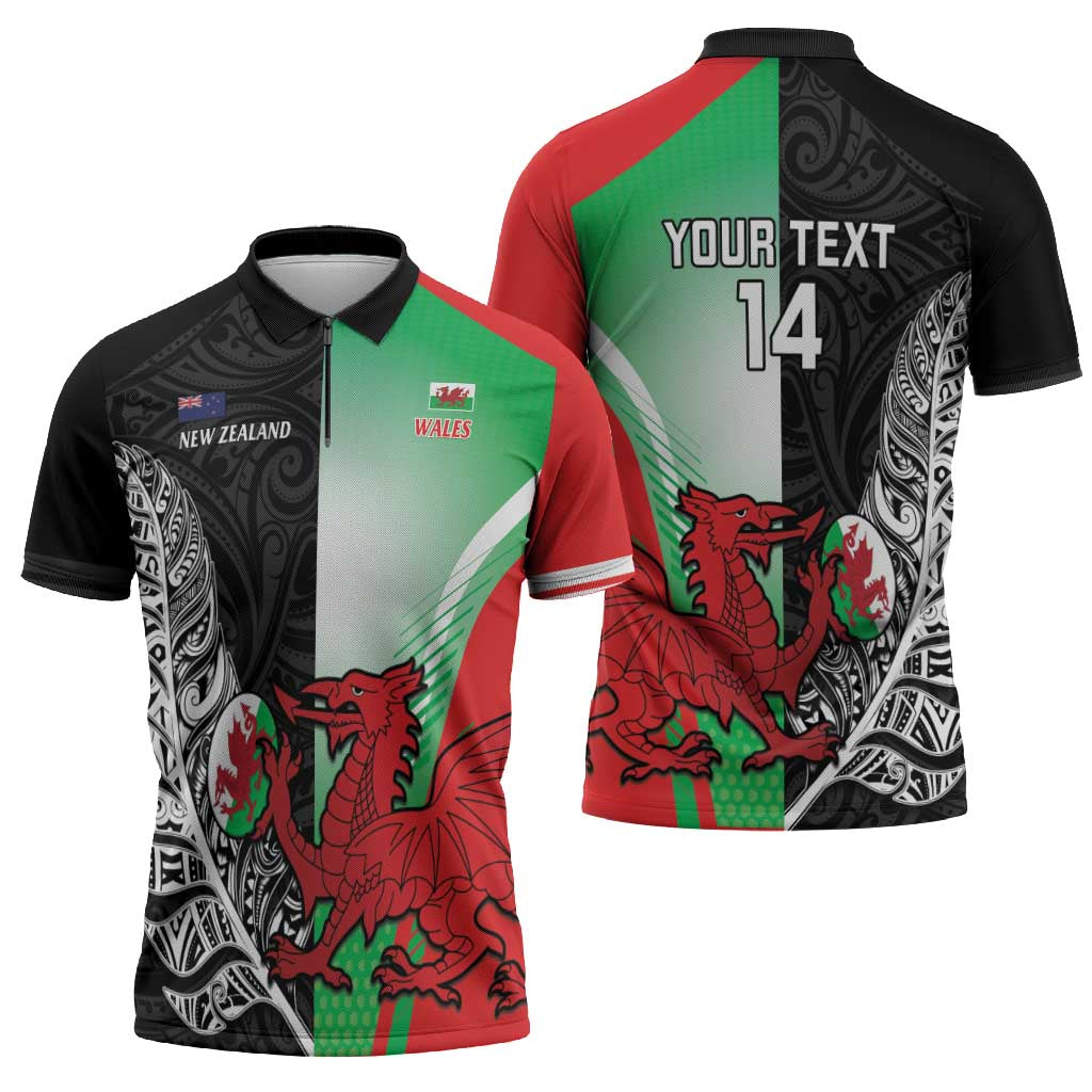 New Zealand and Wales Rugby Custom Zipper Polo Shirt Aotearoa All Black Combine Welsh Dragon - Aussie Hoodie