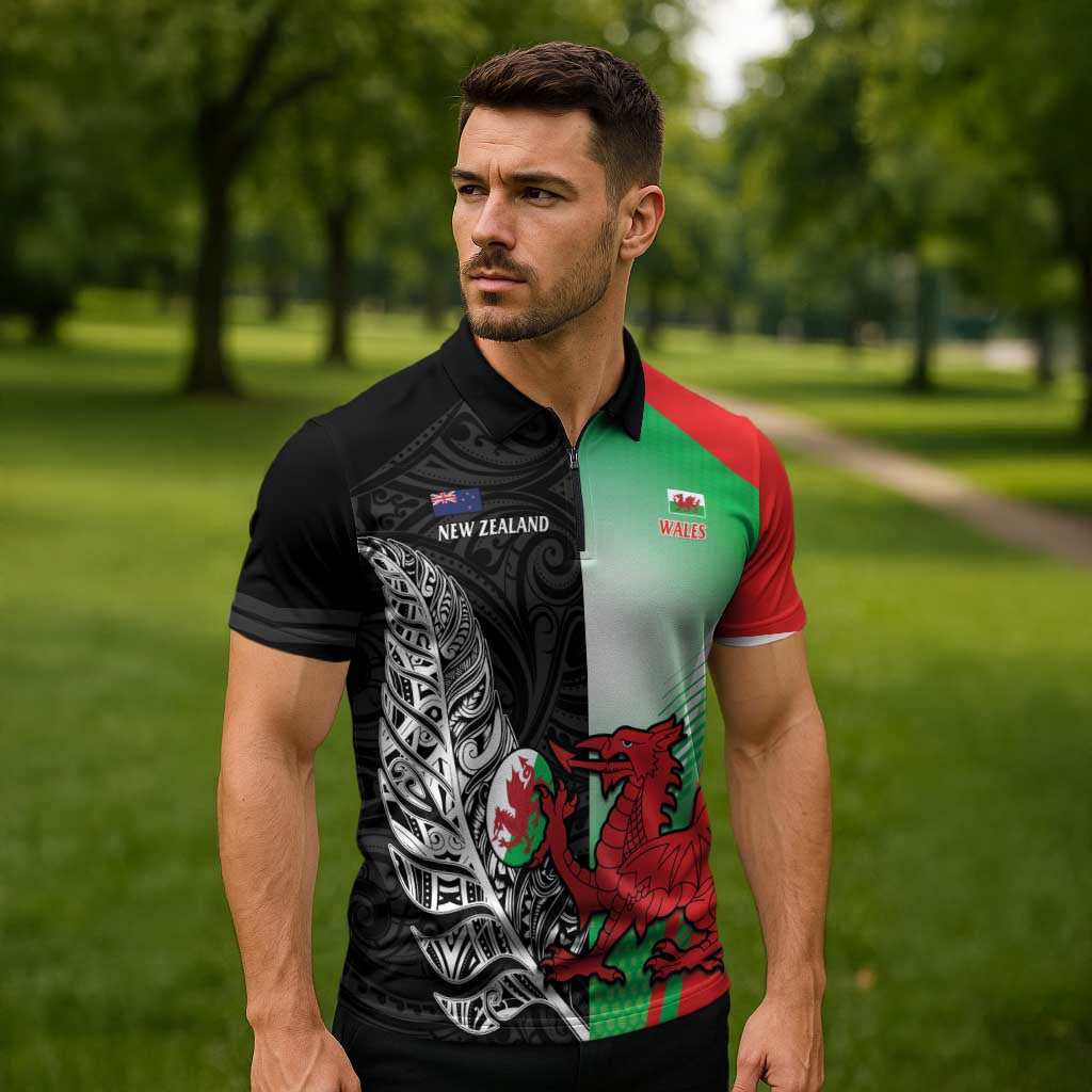 New Zealand and Wales Rugby Custom Zipper Polo Shirt Aotearoa All Black Combine Welsh Dragon - Aussie Hoodie