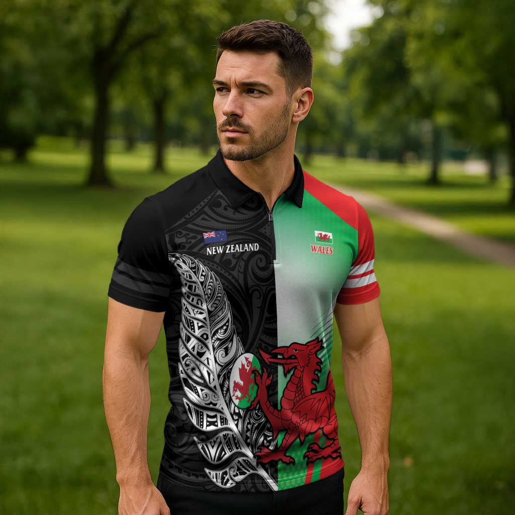 New Zealand and Wales Rugby Custom Zipper Polo Shirt Aotearoa All Black Combine Welsh Dragon - Aussie Hoodie