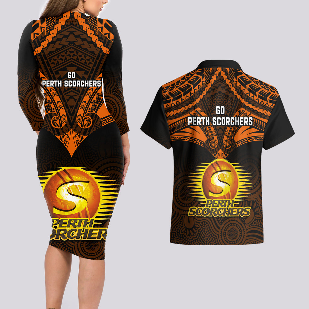 perth-scorchers-cricket-couples-matching-long-sleeve-bodycon-dress-and-hawaiian-shirt-2023-unique-indigenous-art-mix-polynesian-pattern