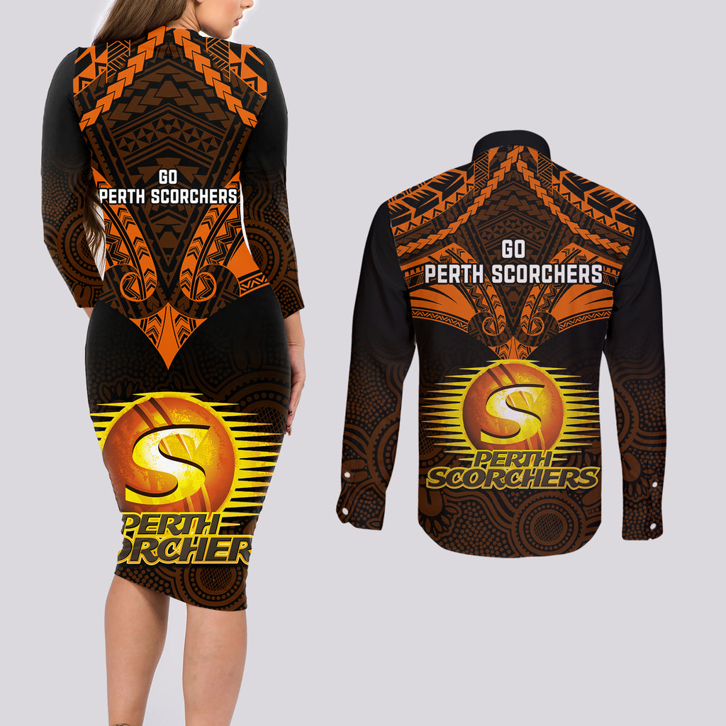 perth-scorchers-cricket-couples-matching-long-sleeve-bodycon-dress-and-long-sleeve-button-shirts-2023-unique-indigenous-art-mix-polynesian-pattern