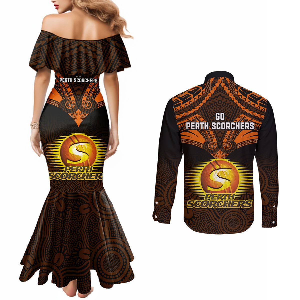 perth-scorchers-cricket-couples-matching-mermaid-dress-and-long-sleeve-button-shirts-2023-unique-indigenous-art-mix-polynesian-pattern