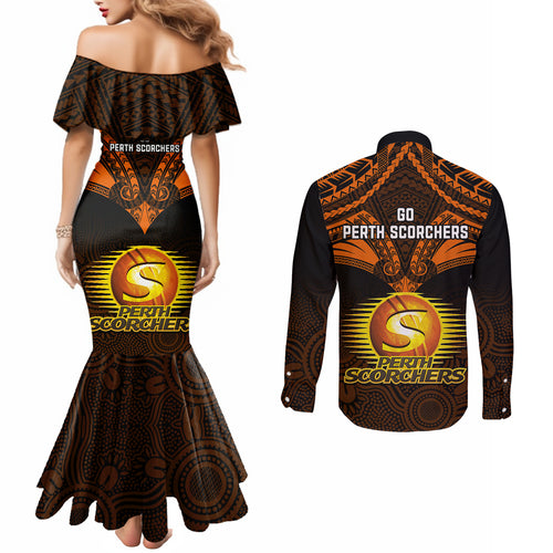 perth-scorchers-cricket-couples-matching-mermaid-dress-and-long-sleeve-button-shirts-2023-unique-indigenous-art-mix-polynesian-pattern