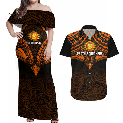 perth-scorchers-cricket-couples-matching-off-shoulder-maxi-dress-and-hawaiian-shirt-2023-unique-indigenous-art-mix-polynesian-pattern