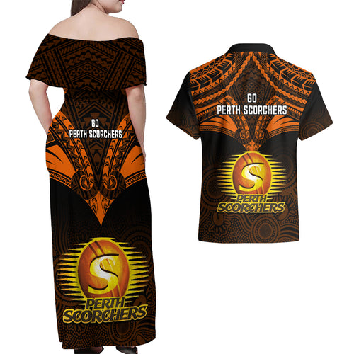 perth-scorchers-cricket-couples-matching-off-shoulder-maxi-dress-and-hawaiian-shirt-2023-unique-indigenous-art-mix-polynesian-pattern