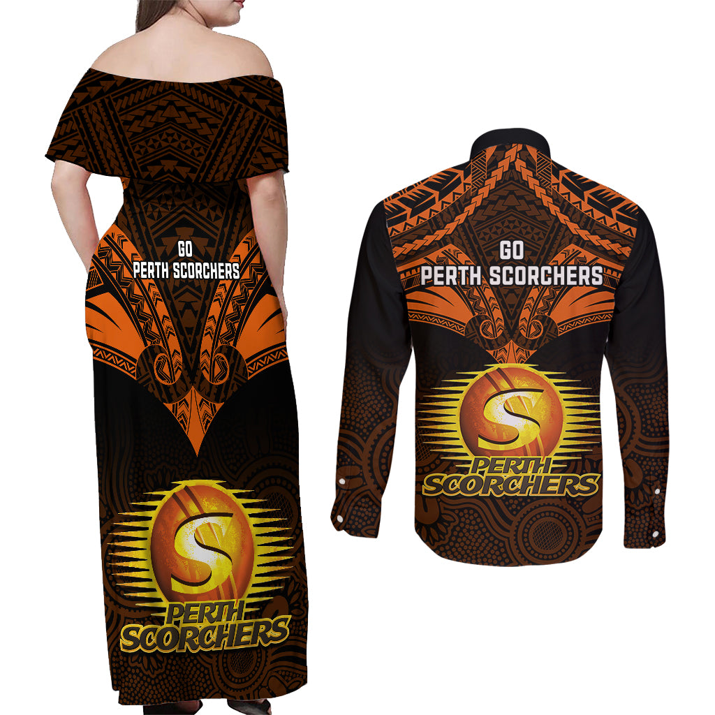 perth-scorchers-cricket-couples-matching-off-shoulder-maxi-dress-and-long-sleeve-button-shirts-2023-unique-indigenous-art-mix-polynesian-pattern