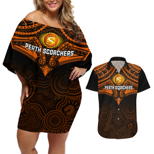 perth-scorchers-cricket-couples-matching-off-shoulder-short-dress-and-hawaiian-shirt-2023-unique-indigenous-art-mix-polynesian-pattern