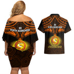 perth-scorchers-cricket-couples-matching-off-shoulder-short-dress-and-hawaiian-shirt-2023-unique-indigenous-art-mix-polynesian-pattern