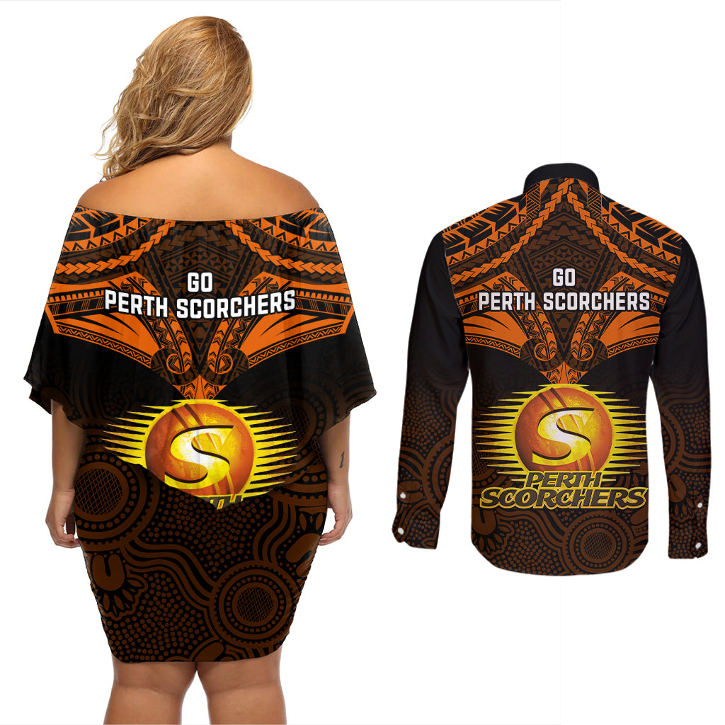 perth-scorchers-cricket-couples-matching-off-shoulder-short-dress-and-long-sleeve-button-shirts-2023-unique-indigenous-art-mix-polynesian-pattern