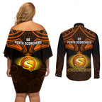 perth-scorchers-cricket-couples-matching-off-shoulder-short-dress-and-long-sleeve-button-shirts-2023-unique-indigenous-art-mix-polynesian-pattern