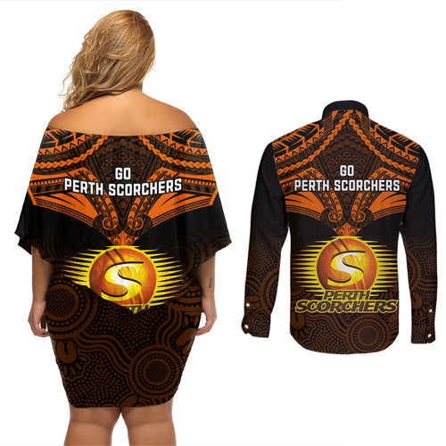 perth-scorchers-cricket-couples-matching-off-shoulder-short-dress-and-long-sleeve-button-shirts-2023-unique-indigenous-art-mix-polynesian-pattern