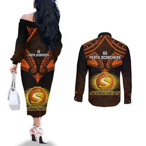 perth-scorchers-cricket-couples-matching-off-the-shoulder-long-sleeve-dress-and-long-sleeve-button-shirts-2023-unique-indigenous-art-mix-polynesian-pattern