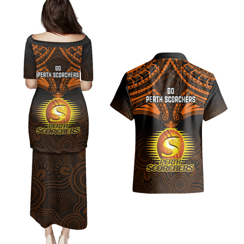 perth-scorchers-cricket-couples-matching-puletasi-dress-and-hawaiian-shirt-2023-unique-indigenous-art-mix-polynesian-pattern