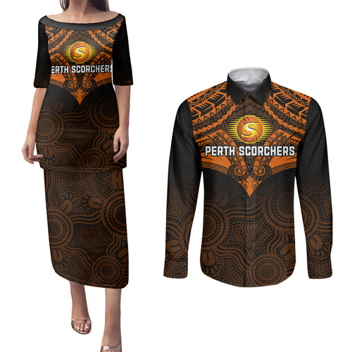 perth-scorchers-cricket-couples-matching-puletasi-dress-and-long-sleeve-button-shirts-2023-unique-indigenous-art-mix-polynesian-pattern