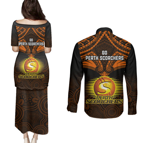 perth-scorchers-cricket-couples-matching-puletasi-dress-and-long-sleeve-button-shirts-2023-unique-indigenous-art-mix-polynesian-pattern