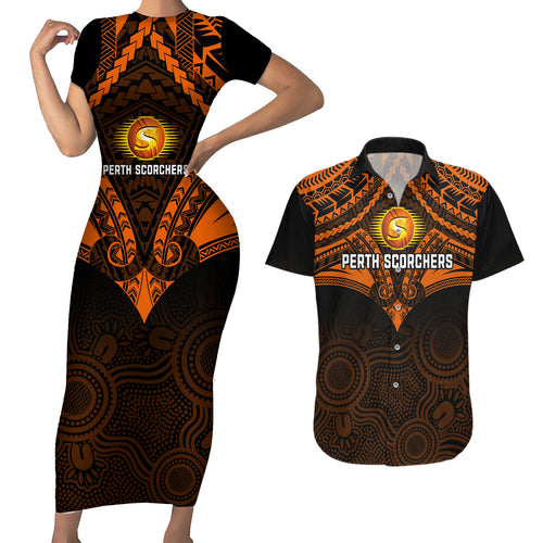 perth-scorchers-cricket-couples-matching-short-sleeve-bodycon-dress-and-hawaiian-shirt-2023-unique-indigenous-art-mix-polynesian-pattern