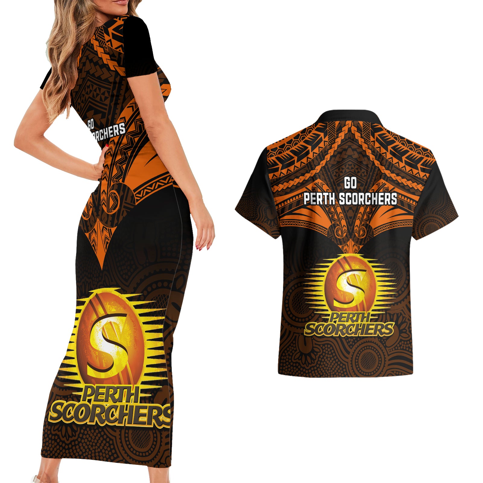 perth-scorchers-cricket-couples-matching-short-sleeve-bodycon-dress-and-hawaiian-shirt-2023-unique-indigenous-art-mix-polynesian-pattern