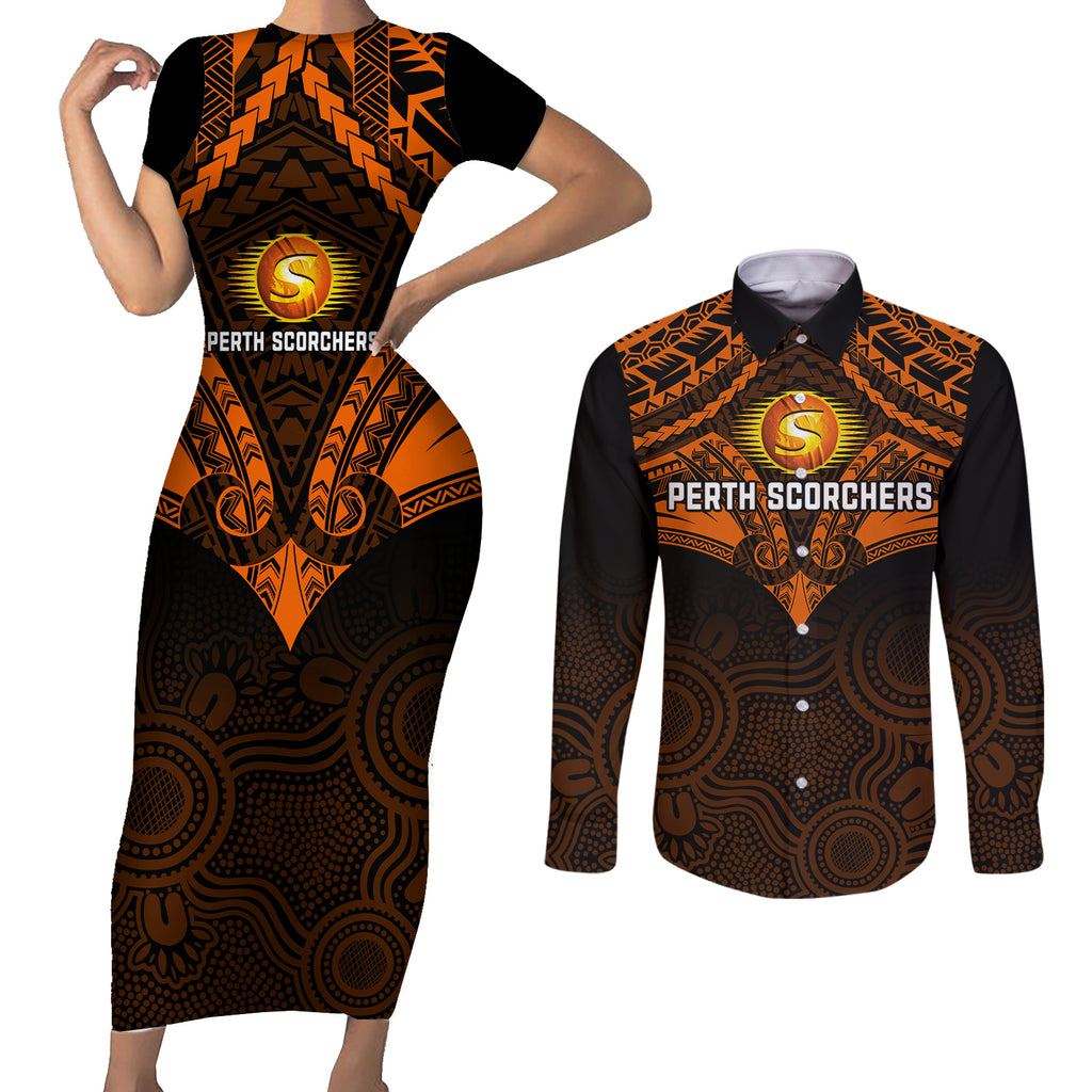 perth-scorchers-cricket-couples-matching-short-sleeve-bodycon-dress-and-long-sleeve-button-shirts-2023-unique-indigenous-art-mix-polynesian-pattern
