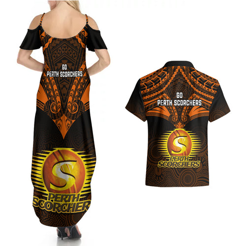 perth-scorchers-cricket-couples-matching-summer-maxi-dress-and-hawaiian-shirt-2023-unique-indigenous-art-mix-polynesian-pattern