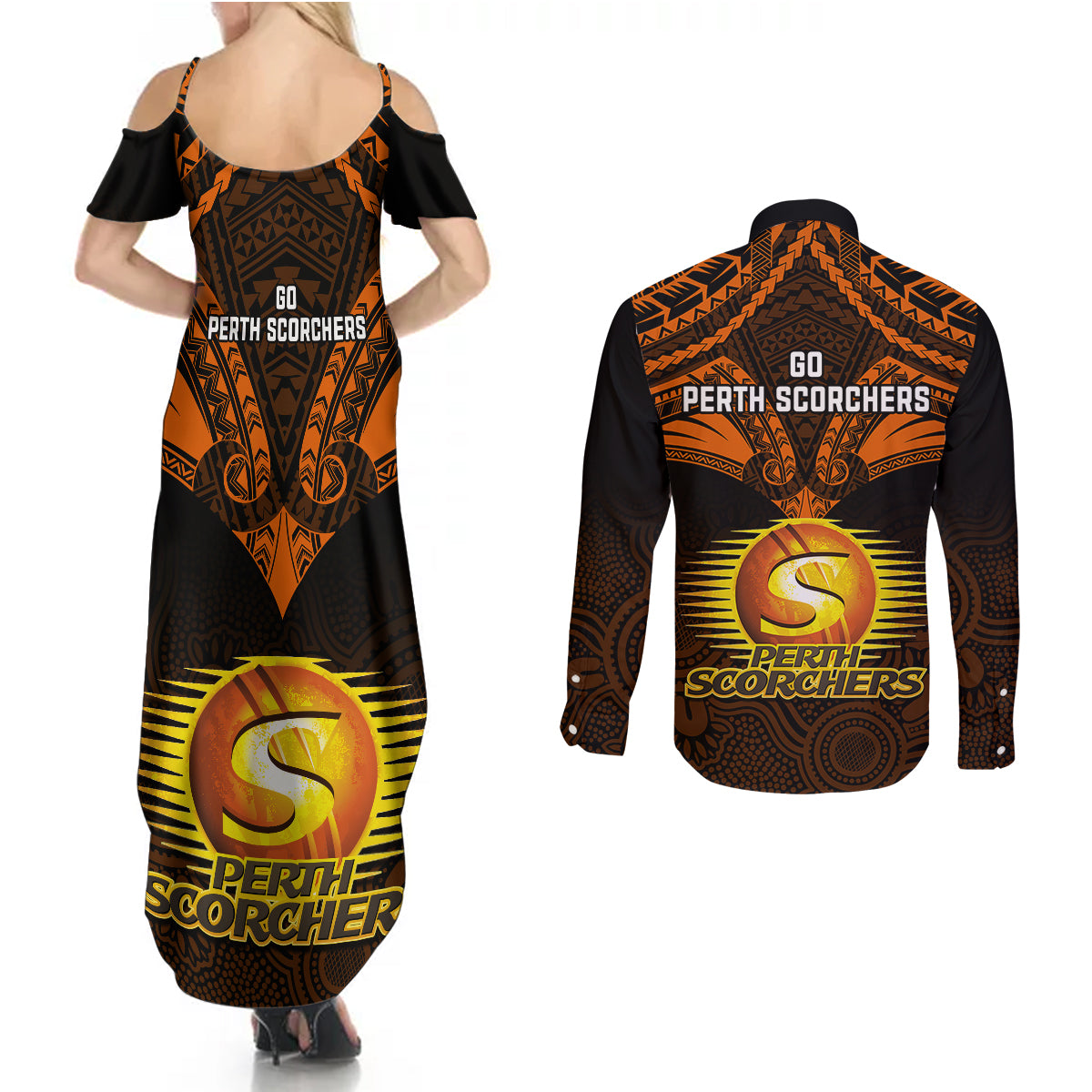 perth-scorchers-cricket-couples-matching-summer-maxi-dress-and-long-sleeve-button-shirts-2023-unique-indigenous-art-mix-polynesian-pattern