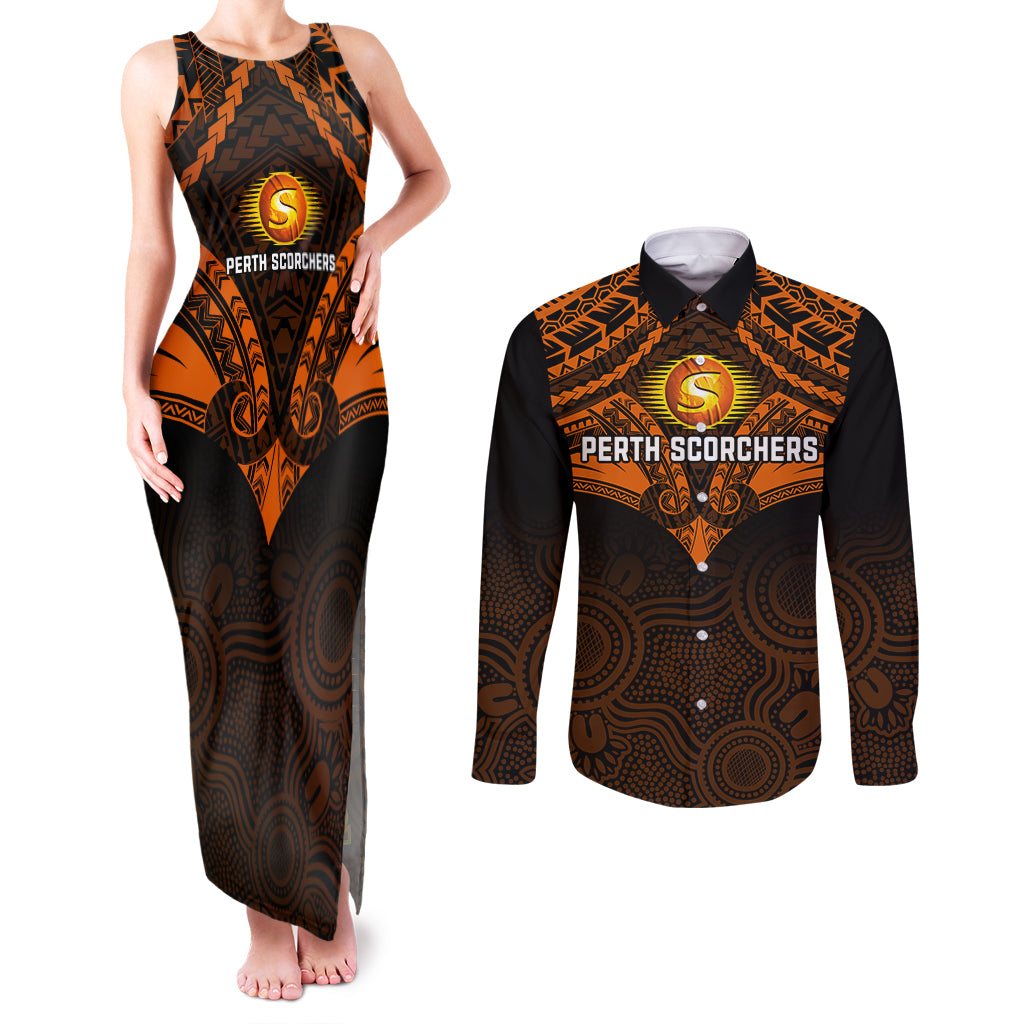 perth-scorchers-cricket-couples-matching-tank-maxi-dress-and-long-sleeve-button-shirts-2023-unique-indigenous-art-mix-polynesian-pattern
