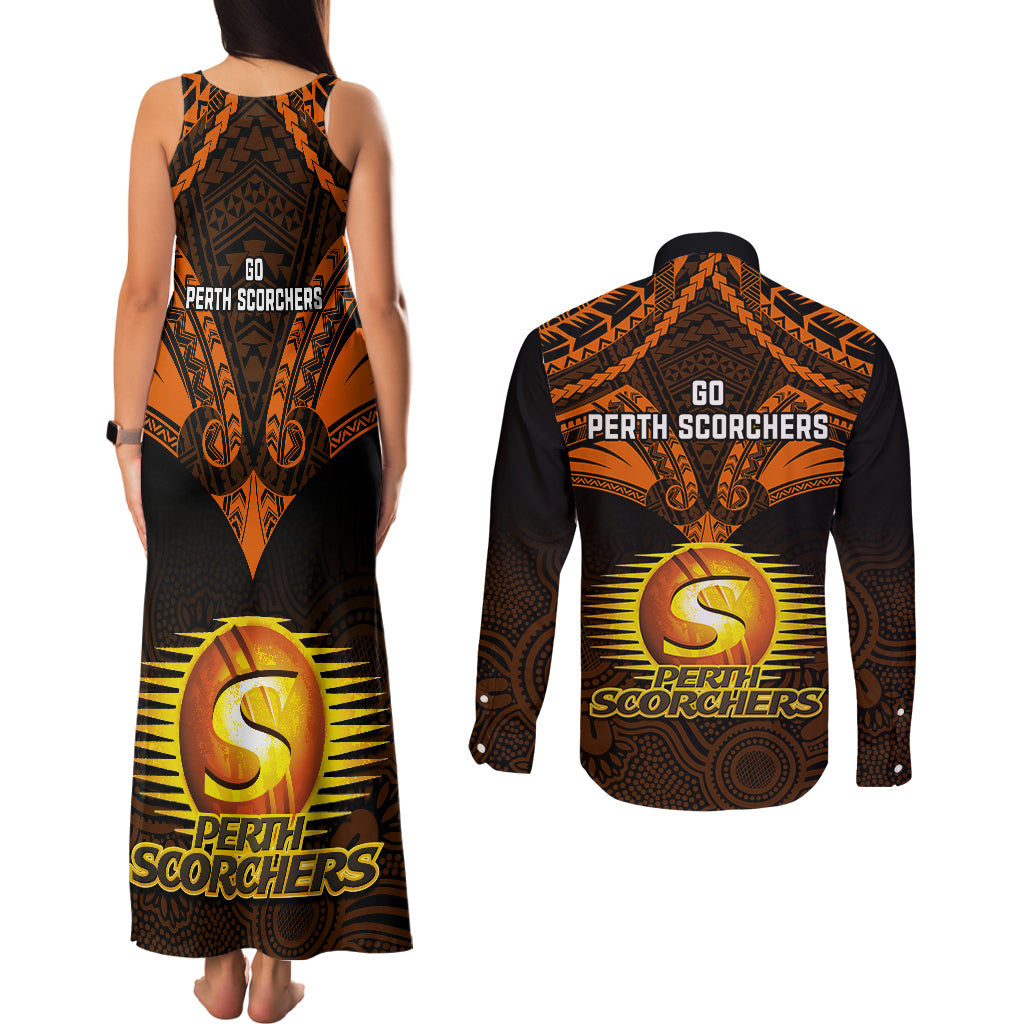 perth-scorchers-cricket-couples-matching-tank-maxi-dress-and-long-sleeve-button-shirts-2023-unique-indigenous-art-mix-polynesian-pattern