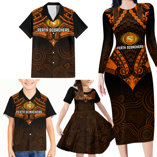 perth-scorchers-cricket-family-matching-long-sleeve-bodycon-dress-and-hawaiian-shirt-2023-unique-indigenous-art-mix-polynesian-pattern