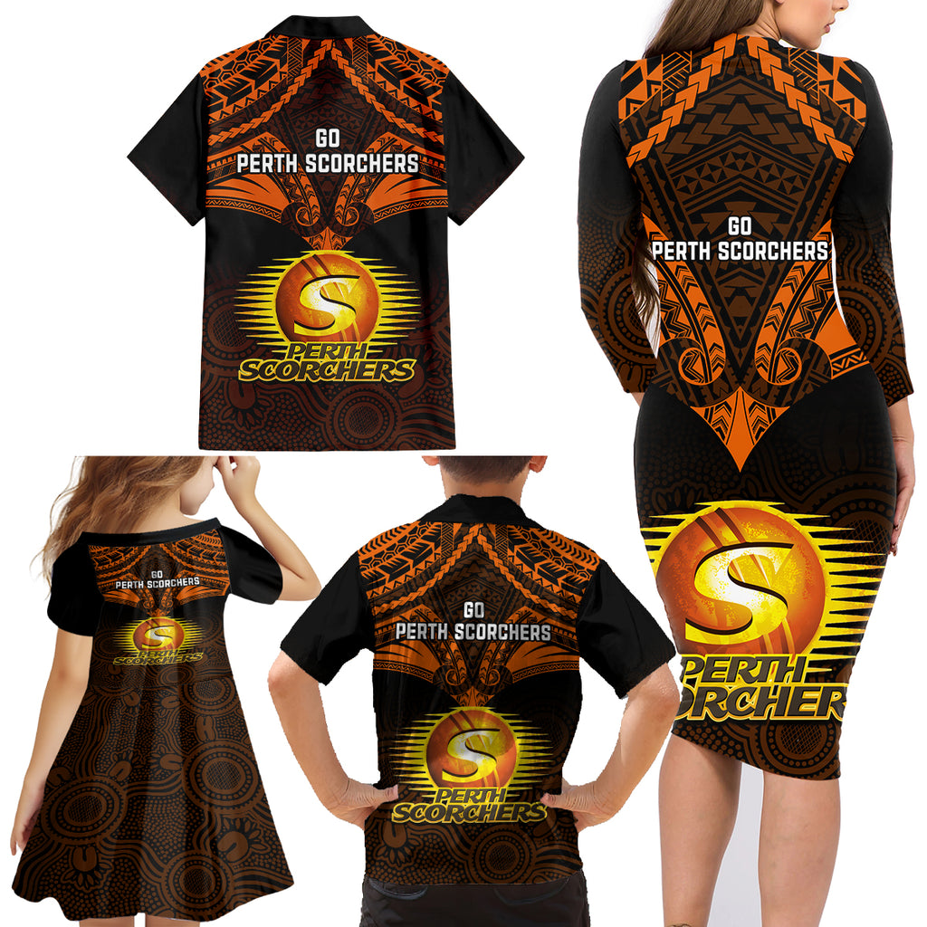perth-scorchers-cricket-family-matching-long-sleeve-bodycon-dress-and-hawaiian-shirt-2023-unique-indigenous-art-mix-polynesian-pattern