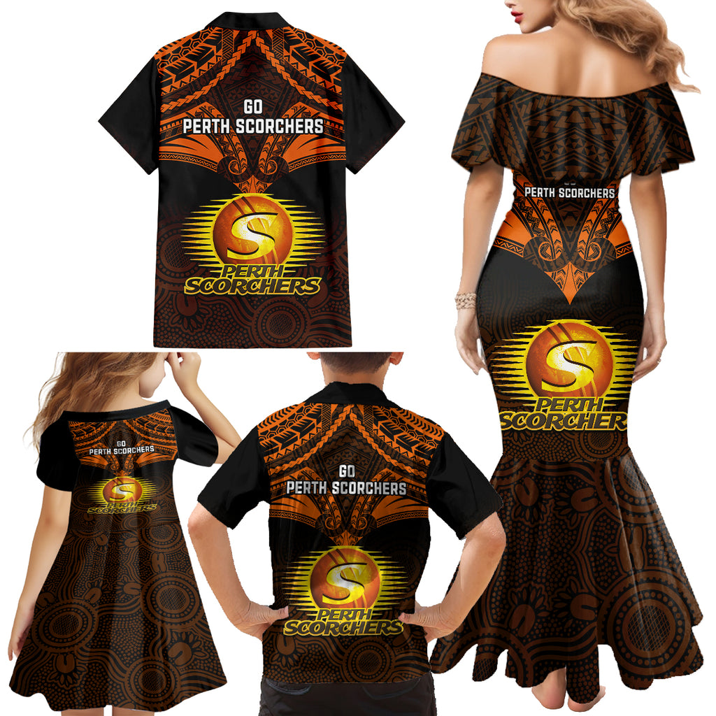 perth-scorchers-cricket-family-matching-mermaid-dress-and-hawaiian-shirt-2023-unique-indigenous-art-mix-polynesian-pattern