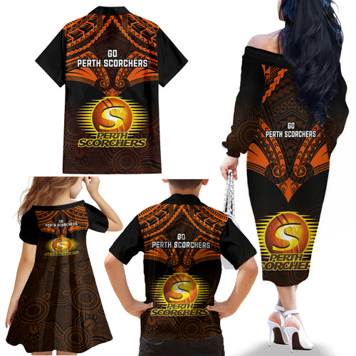 Perth Scorchers Cricket Family Matching Off Shoulder Long Sleeve Dress and Hawaiian Shirt 2023 Unique Indigenous Art Mix Polynesian Pattern LT14