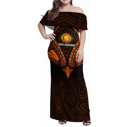 perth-scorchers-cricket-family-matching-off-shoulder-maxi-dress-and-hawaiian-shirt-2023-unique-indigenous-art-mix-polynesian-pattern