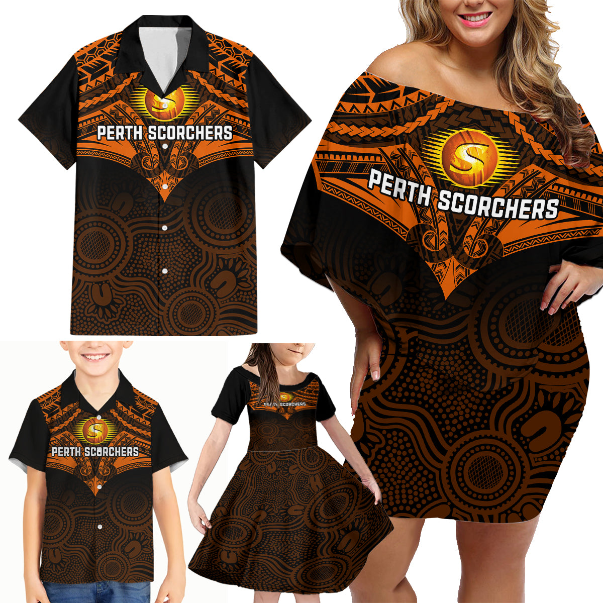 Perth Scorchers Cricket Family Matching Off Shoulder Short Dress and Hawaiian Shirt 2023 Unique Indigenous Art Mix Polynesian Pattern LT14