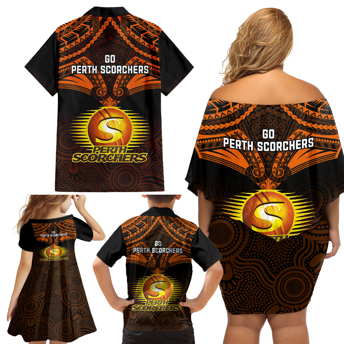 Perth Scorchers Cricket Family Matching Off Shoulder Short Dress and Hawaiian Shirt 2023 Unique Indigenous Art Mix Polynesian Pattern LT14