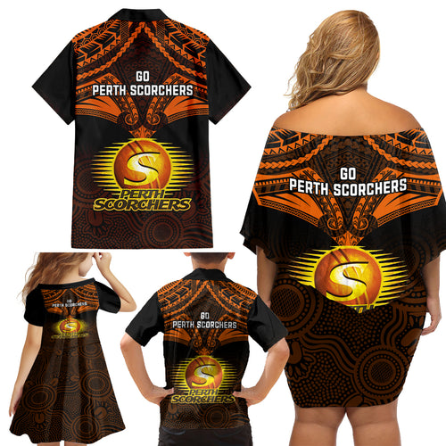 Perth Scorchers Cricket Family Matching Off Shoulder Short Dress and Hawaiian Shirt 2023 Unique Indigenous Art Mix Polynesian Pattern LT14
