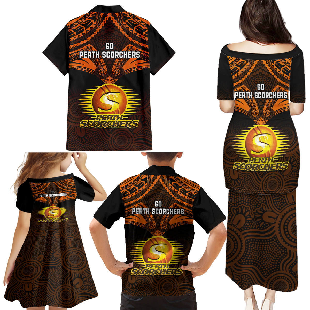 perth-scorchers-cricket-family-matching-puletasi-dress-and-hawaiian-shirt-2023-unique-indigenous-art-mix-polynesian-pattern