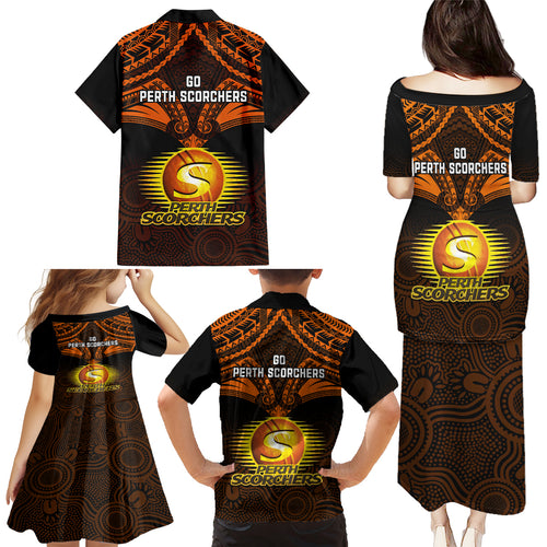 perth-scorchers-cricket-family-matching-puletasi-dress-and-hawaiian-shirt-2023-unique-indigenous-art-mix-polynesian-pattern