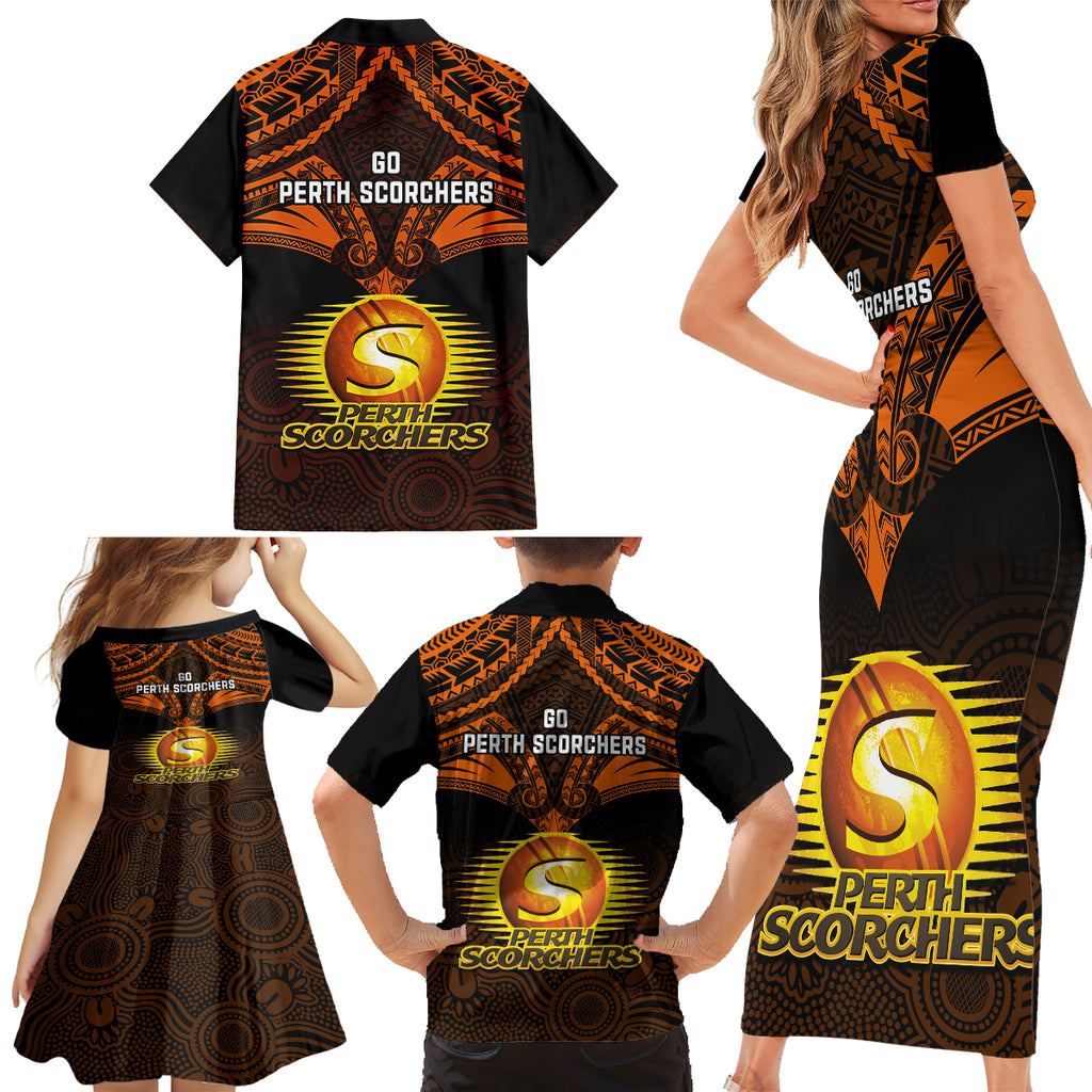 perth-scorchers-cricket-family-matching-short-sleeve-bodycon-dress-and-hawaiian-shirt-2023-unique-indigenous-art-mix-polynesian-pattern