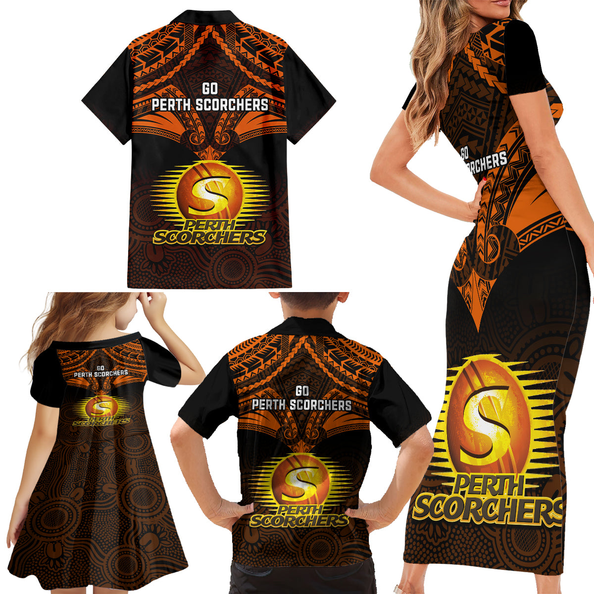 perth-scorchers-cricket-family-matching-short-sleeve-bodycon-dress-and-hawaiian-shirt-2023-unique-indigenous-art-mix-polynesian-pattern