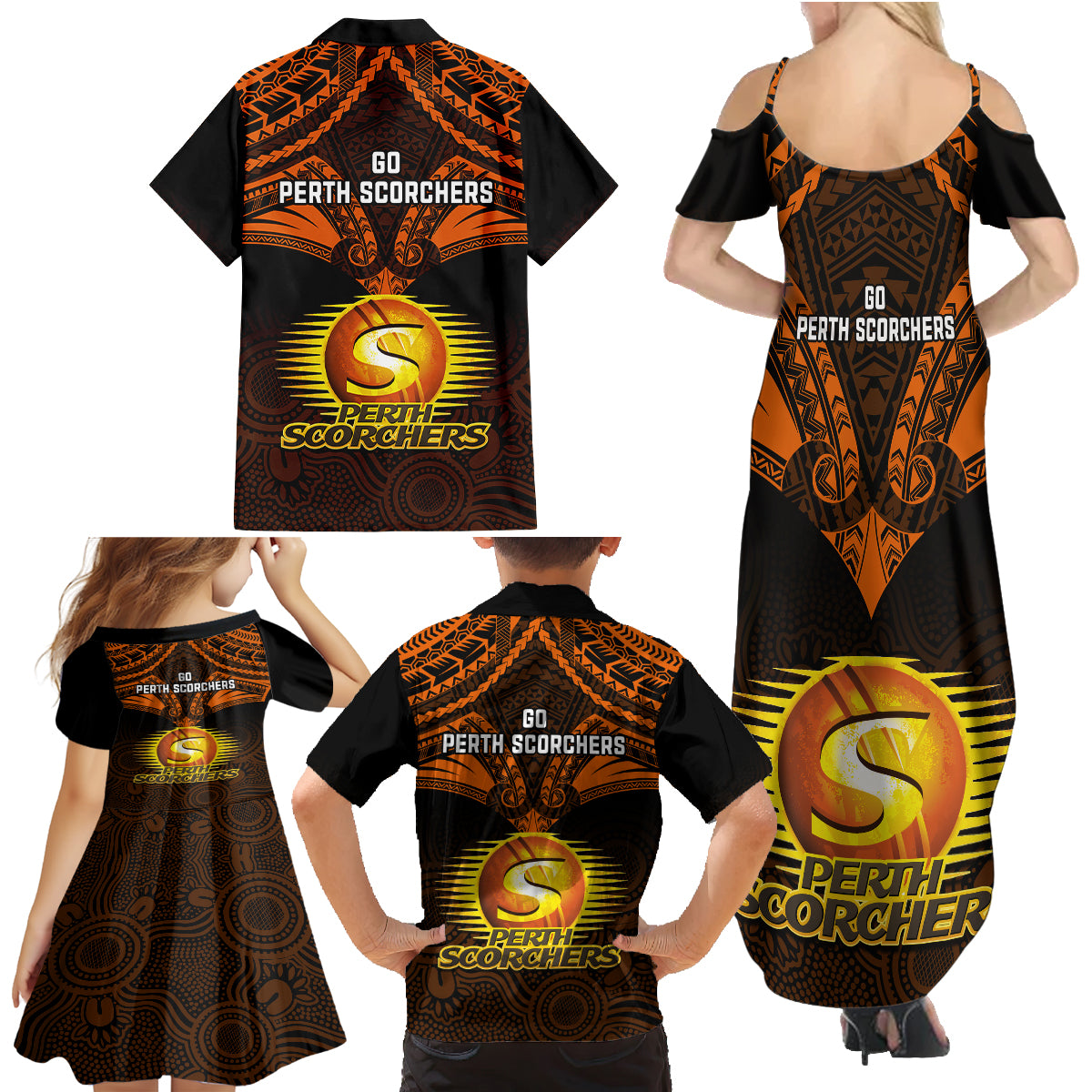 perth-scorchers-cricket-family-matching-summer-maxi-dress-and-hawaiian-shirt-2023-unique-indigenous-art-mix-polynesian-pattern