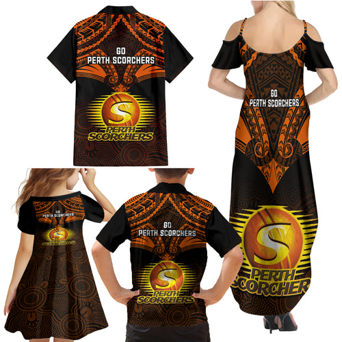 perth-scorchers-cricket-family-matching-summer-maxi-dress-and-hawaiian-shirt-2023-unique-indigenous-art-mix-polynesian-pattern