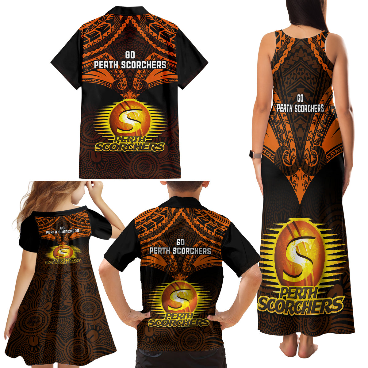 perth-scorchers-cricket-family-matching-tank-maxi-dress-and-hawaiian-shirt-2023-unique-indigenous-art-mix-polynesian-pattern
