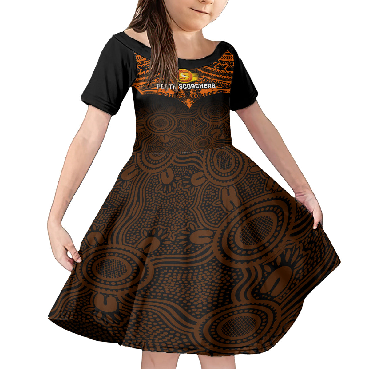perth-scorchers-cricket-kid-short-sleeve-dress-2023-unique-indigenous-art-mix-polynesian-pattern