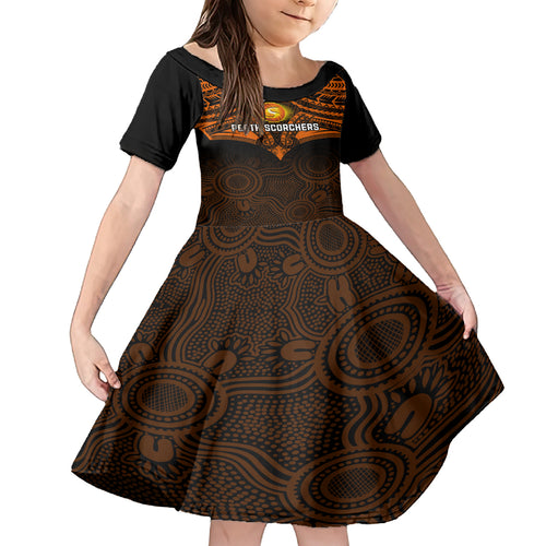 perth-scorchers-cricket-kid-short-sleeve-dress-2023-unique-indigenous-art-mix-polynesian-pattern