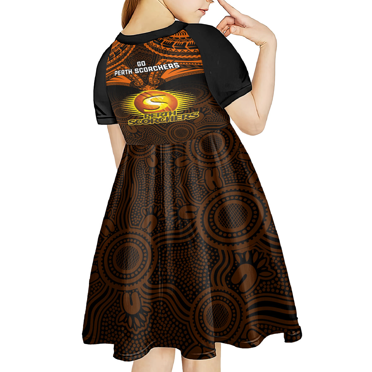 perth-scorchers-cricket-kid-short-sleeve-dress-2023-unique-indigenous-art-mix-polynesian-pattern