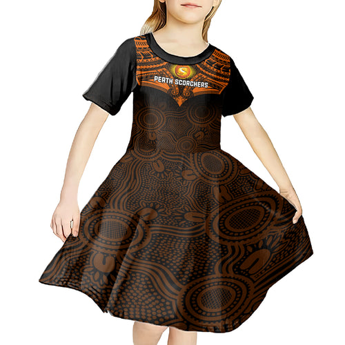 perth-scorchers-cricket-kid-short-sleeve-dress-2023-unique-indigenous-art-mix-polynesian-pattern