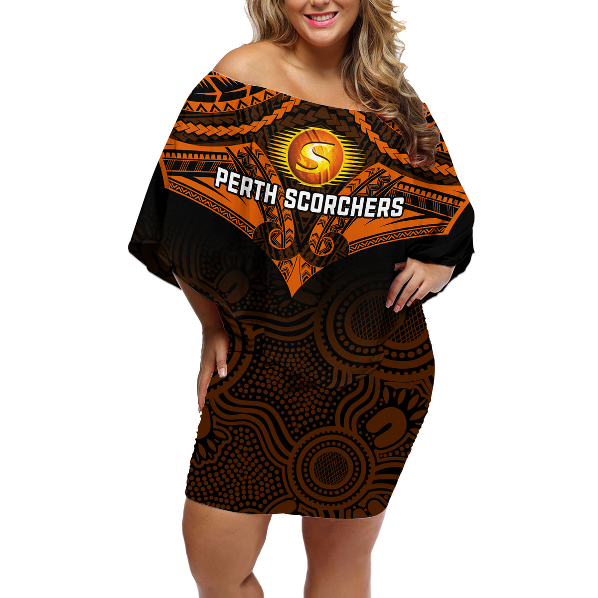 perth-scorchers-cricket-off-shoulder-short-dress-2023-unique-indigenous-art-mix-polynesian-pattern